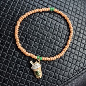 2 Cute Orange Beaded Bracelet with Green Accents and Coffee Cup Charm